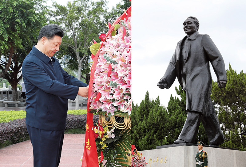 2020年10月14日，習(xí)近平總書記向深圳蓮花山公園鄧小平同志銅像敬獻(xiàn)花籃。
