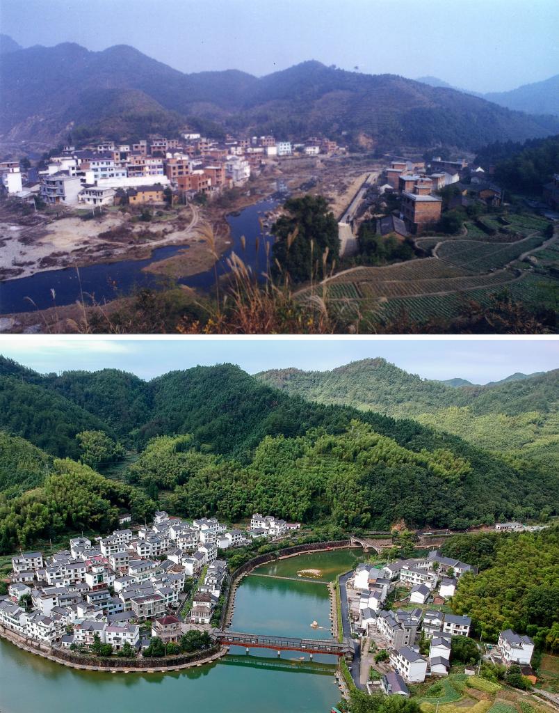圖為浙江省杭州市淳安縣楓樹嶺鎮(zhèn)下姜村拼版圖，其中上圖為資料照片、下圖由新華社記者張鋮攝。